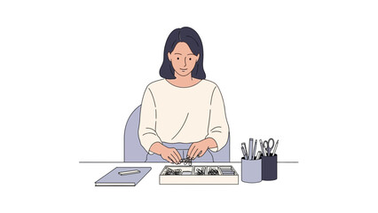 Illustration of a woman at a desk with pens, scissors and a notebook in simple style design