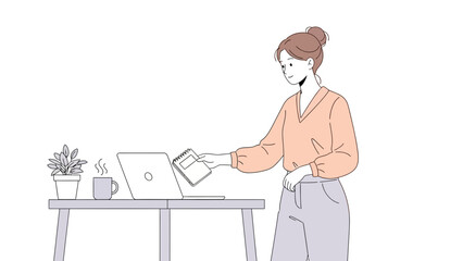Illustration of a woman at a table with a laptop and a notebook, working from home