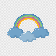 Obraz premium Cute cartoon weather icon with watercolour texture isolated on transparent background. Weather watercolor emblem. Rainbow. Sign, symbol, sticker, icon, logo, element.Vector illustration.