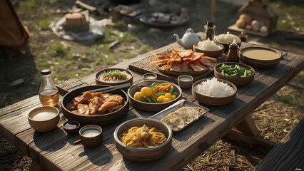 Rustic feast on weathered wood table showcasing diverse foods outdoors setting