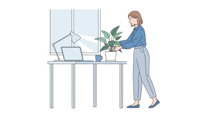 Illustration of a woman caring for a houseplant in a home office setting