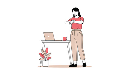 Illustration of a woman checking the time next to a desk with a laptop and a plant