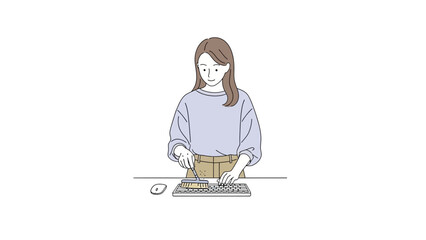 Illustration of a woman cleaning her keyboard, a minimalist design concept in white space