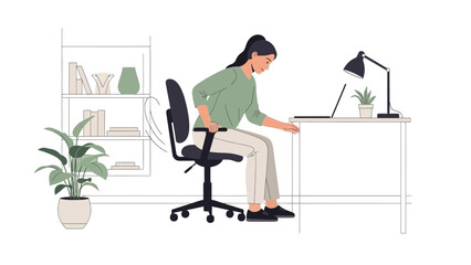 Fototapeta premium Illustration of a woman sitting at a desk with a laptop and a plant pot, work concept