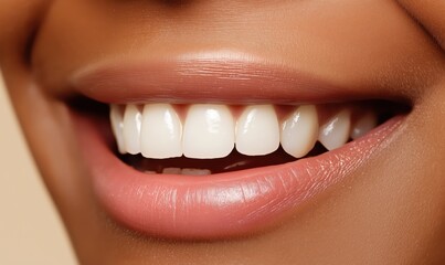 Obraz premium Female close up of toothy smile with clear background and bright lighting for copy space