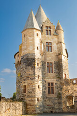 Detail of the towers of impressive medieval castle of Vitr&eacute; in Brittany, France. Background, sunny and bright summer day. Vertical shot