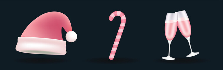 Pink color Christmas Santa hat, champagne glasses with sparkling drink and candy cane icon on dark background