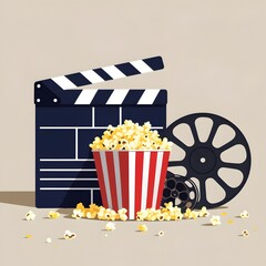 minimal flat vector illustration of movie clapperboard film reel and red striped popcorn bucket grouped for cinema theme