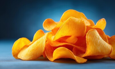 Golden potato chips on blue background with clear space for text