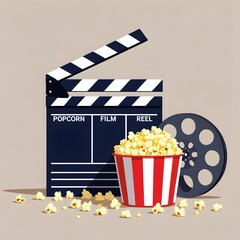 minimal flat vector illustration of movie clapperboard film reel and red striped popcorn bucket grouped for cinema theme