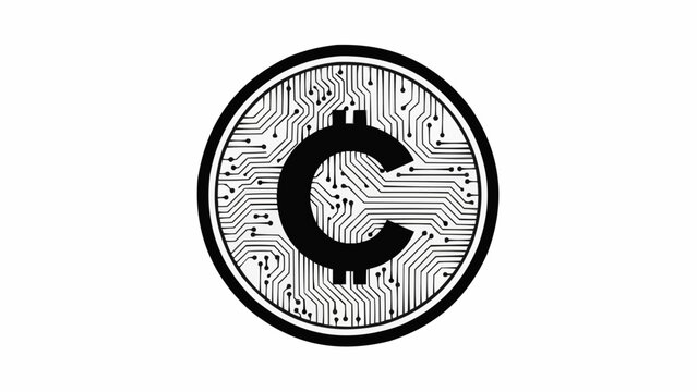 Cryptocurrency cent coin symbol on circuit board pattern black and white icon