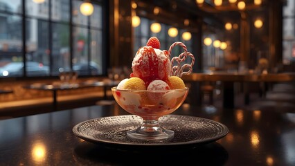 Elegant dessert presentation with vibrant ice cream scoops and raspberry garnish