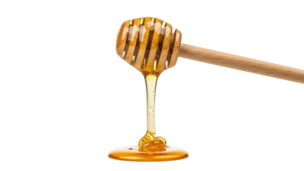 Honey dripping from wooden honey dipper on white background with black geometric shapes