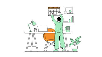 Man hanging calendar in his home office interior with desk and organized shelf