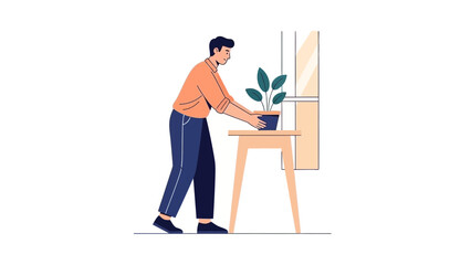 Fototapeta premium Man placing plant pot on table near window in minimalist line drawing style