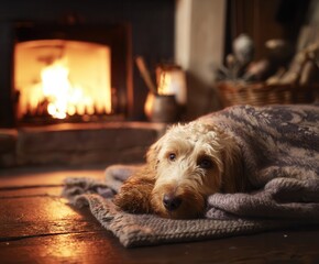Dog resting on a cozy blanket near a warm fireplace after a winter walk