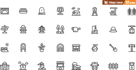 Village line landscapes with agricultural fields and farm buildings. Linear farming vector concepts. Farmland and field, illustration of an agriculture garden and plantation