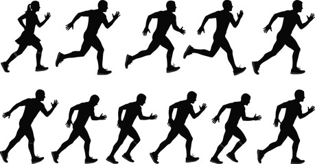 Black Silhouette Vector Set of Diverse Runners in Mid-Stride, Men and Woman Jogging or Sprinting, Full Body Running Poses, Athletic Sport and Fitness Illustration for Training.