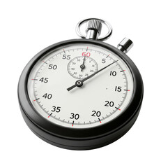 Classic analog stopwatch with a black casing and white dial precisely measures time, symbolizing speed, deadlines, and the importance of efficiency in various activities.
