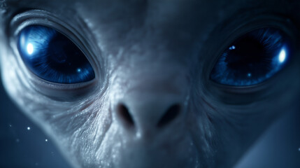 Außerirdisches Wesen mit großen blauen Augen in mysteriöser dunkler Umgebung