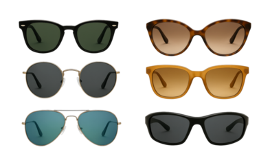 Six different stylish pairs of sunglasses, featuring a diverse collection of modern frames and lens colors, are displayed as essential summer fashion items.