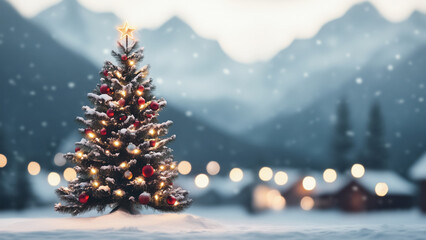 Illustration of a Christmas tree on a winterly landscape