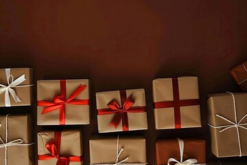 Top view of multiple christmas gift boxes with ample copy space for holiday greetings