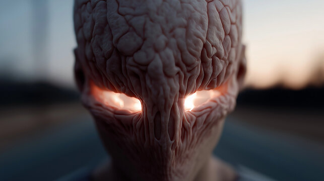 Mystische humanoide Figur mit leuchtenden Augen und texturierter Haut bei D&auml;mmerung