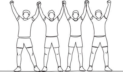 Continuous line art illustration of teammates cheering together in minimal contour drawing
