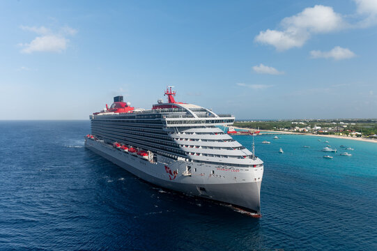 Virgin Voyages Scarlet Lady, approaching the dock at the Gran Turk Cruise Port