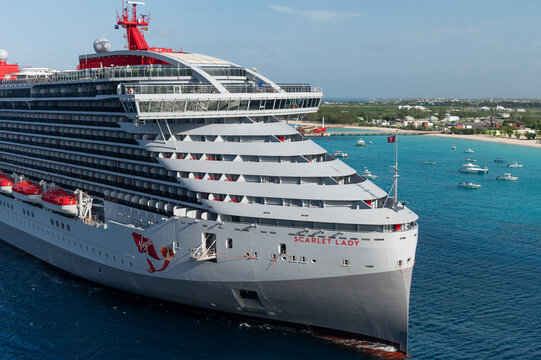 Close up of the Bow of the Virgin Voyages Scarlet Lady, approaching the dock at the Gran Turk Cruise Port