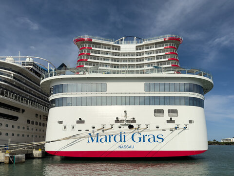 Stern View of the Carnival Mardi Gras docked at the Amber Cove Cruise Terminal in the Dominican Republic 