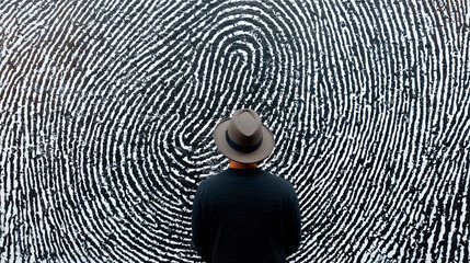 Man standing in front of a wall painted with a pattern of giant fingerprints, concept of identity and uniqueness