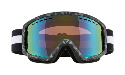 Ski goggles with a stylish camouflage pattern frame and a vibrant multi-colored reflective lens, providing essential eye protection for winter sports enthusiasts.