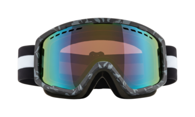 Ski goggles with a stylish camouflage pattern frame and a vibrant multi-colored reflective lens, providing essential eye protection for winter sports enthusiasts.