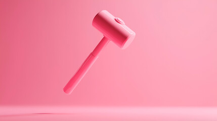 A pink hammer floating in the air against a pastel pink background, a concept of creativity and female empowerment