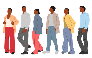 People, young men and women standing, profile, African Americans, different colors, cartoon character, friends silhouettes, flat icon design concept isolated on white background