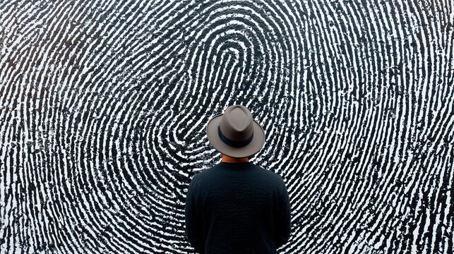 Man standing in front of a wall painted with a pattern of giant fingerprints, concept of identity and uniqueness - Powered by Adobe