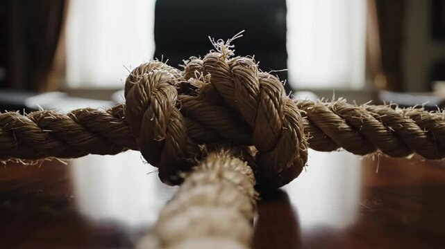 Thick rope stretches toward the camera over a wooden table, knot at center, blurred soft background