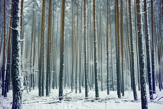 Serene winter landscape  a tranquil frozen forest with snow covered trees in nature s embrace