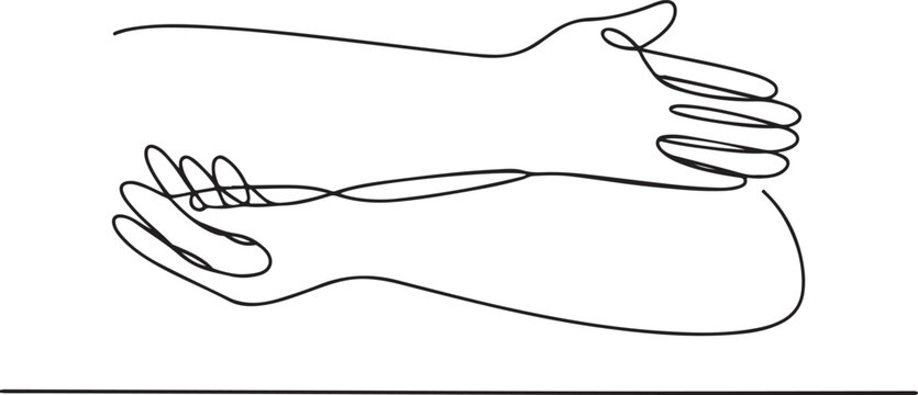 Continuous line art illustration of two hands making a forearm platform in minimal contour drawing