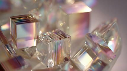 Stunning iridescent crystal cubes scatter vibrant prismatic light creating a magical, ethereal abstract background effect