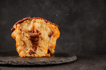 Cupcake with chocolate filling sweet dessert appetizer fresh delicious gourmet food table setting rustic food top view copy space