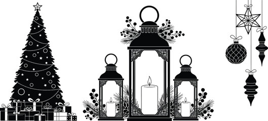 Black-and-white Christmas illustration with tree, lanterns, ornaments, and gifts for festive holiday decoration and seasonal design themes.