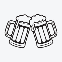 Classic blackandwhite vector illustration of two frothy beer mugs clinking together in celebration icon