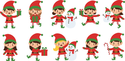 Cartoon Christmas elf character set with gifts, candy canes, and snowmen for festive holiday, decoration, and greeting themes.