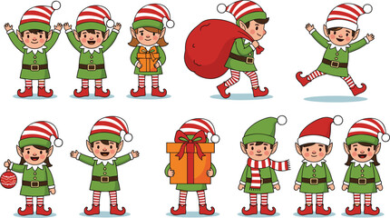 Fototapeta premium Cartoon Christmas elf character set with gifts, sack, ornament, scarf, and playful poses for festive holiday design themes.