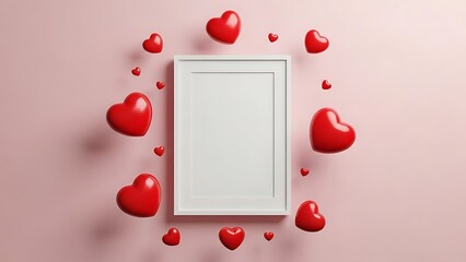 Floating red hearts surrounding a blank white frame on a soft pink background