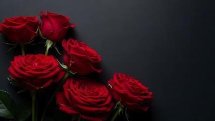 Dramatic close up of vibrant red roses against a dark moody background