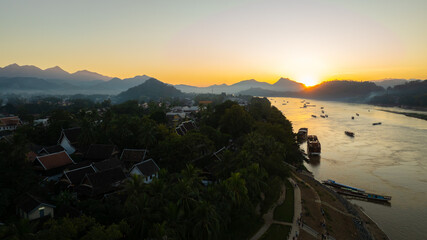 Drone aerial view of Luang Prabang an UNESCO World Heritage city in Laos.